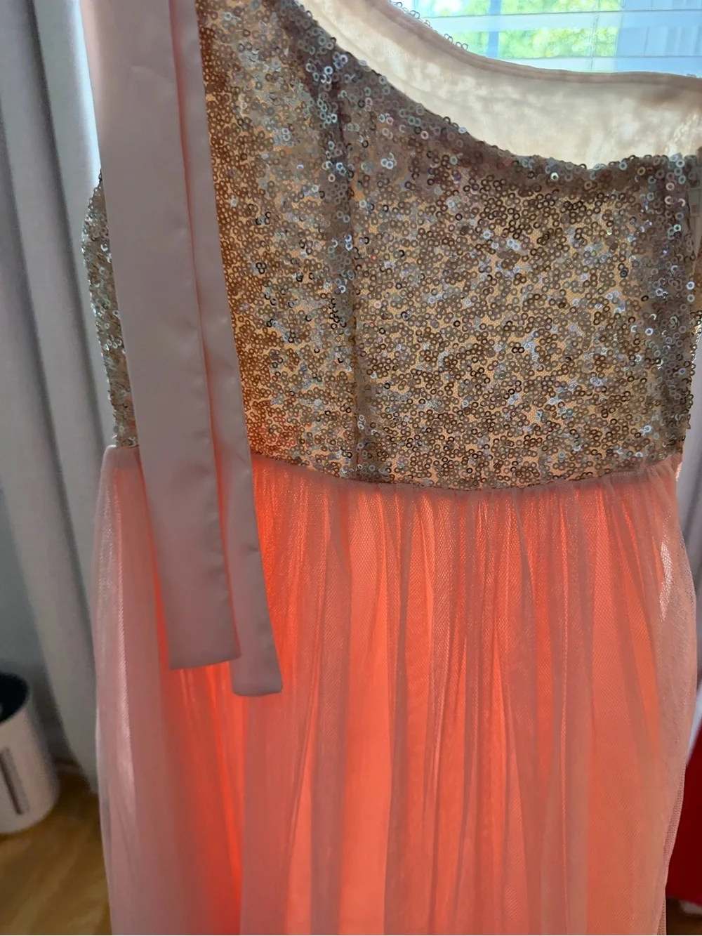 Sequin Bodice One-Shoulder Coral Tulle Girls Dress